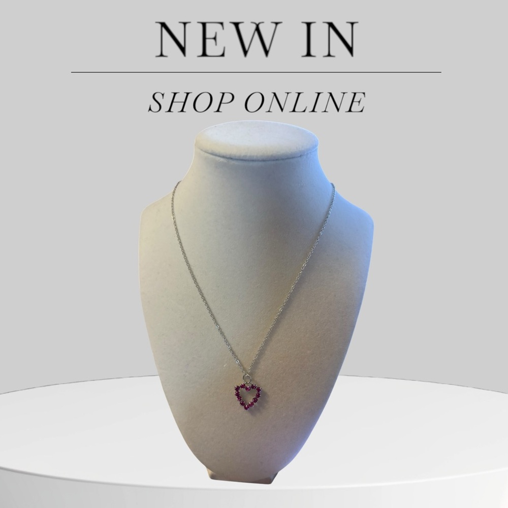 Silver Heart Pendant Necklace with pink fuchsia crystals.